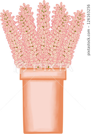 Beautiful idea and style of creamy mixed pink flowers in the brown ceramic vase for decorate in a home or flower shop. 126163256