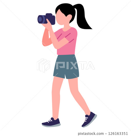 A woman taking a photo using a DSLR. Female character taking a photo. Happy girl takes pictures. Modern young woman holding a photo camera. A woman taking a photo using a DSLR. Female character taking a photo. Happy girl takes pictures. Modern young woman holding a photo camera. 126163351