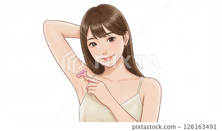 Illustration of a woman removing unwanted armpit hair with a razor (watercolor style) 126163491