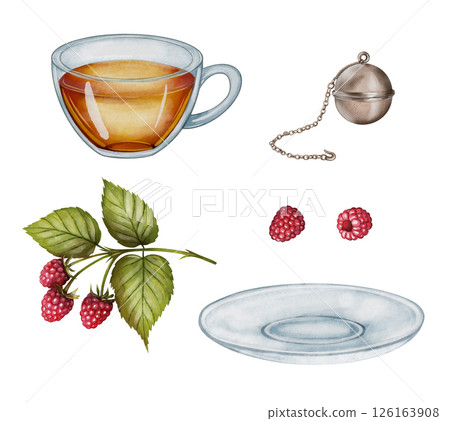 Set of Cup with raspberry leaves and tea infuser Set of Cup with raspberry leaves and tea infuser 126163908