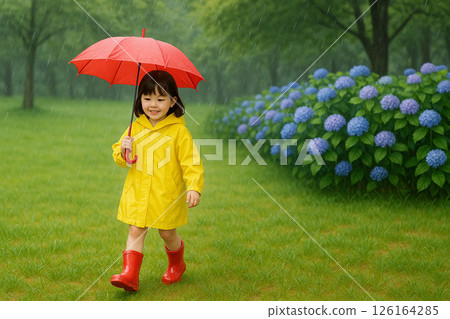 A little girl in a raincoat walking through a park in the rainy season | A seasonal photo-style illustration of hydrangeas and light rain 126164285