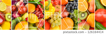 Panoramic collection fresh fruits and vegetables background. Panoramic collection fresh fruits and vegetables background. 126164414