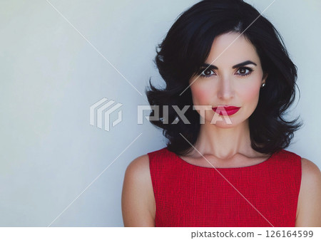 Middle aged mature brunette gorgeous glamour woman with makeup wearing red dress.AI Generative. 126164599