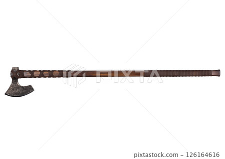 antique battle axe with long wooden handle on white 126164616