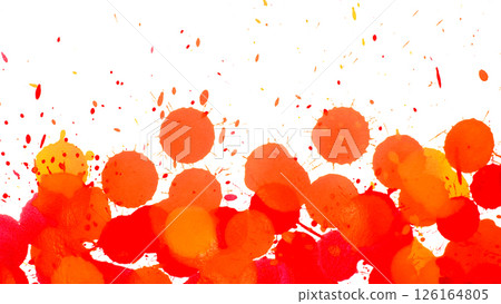 abstract watercolor composition featuring overlapping warm-toned circles in red, orange, and yellow, splattered 126164805