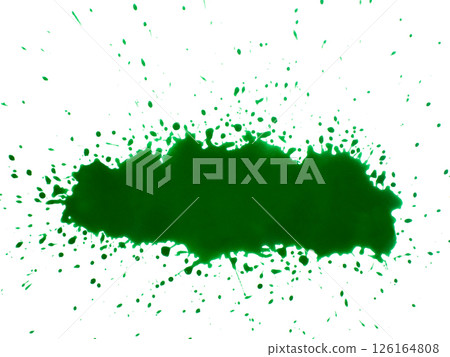 A deep green watercolor splash with scattered paint droplets radiating across a clean white background A deep green watercolor splash with scattered paint droplets radiating across a clean white background 126164808