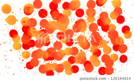 A lively composition of red and orange ink blots splashed across a white background 126164814