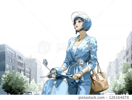 一位年輕女子騎著摩托車上下班的插畫素材 126164878