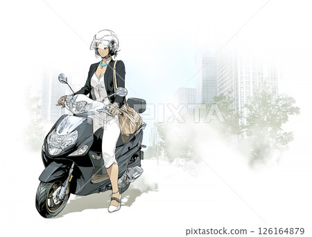 一位年輕女子騎著摩托車上下班的插畫素材 126164879