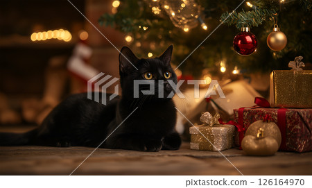 A Bombay cat relaxing beside a beautifully decorated Christmas tree with gifts A Bombay cat relaxing beside a beautifully decorated Christmas tree with gifts 126164970