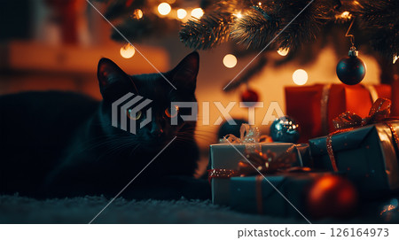 A Bombay cat resting under a beautifully decorated Christmas tree in a cozy setting 126164973