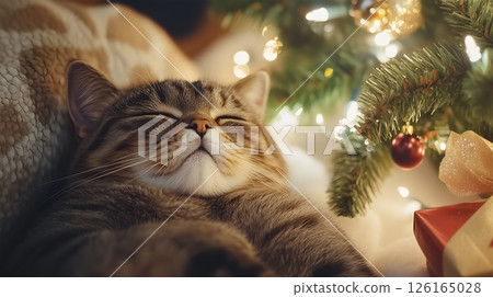 A cozy cat sleeping peacefully beside a beautifully decorated Christmas tree at home A cozy cat sleeping peacefully beside a beautifully decorated Christmas tree at home 126165028