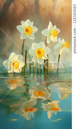 Close-up narcissus flowers with water droplets background. Summer wallpaper. Ai generated 126165083