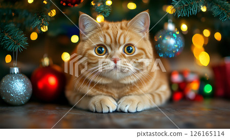 A curious cat gazes from beneath a decorated Christmas tree filled with colorful ornaments A curious cat gazes from beneath a decorated Christmas tree filled with colorful ornaments 126165114