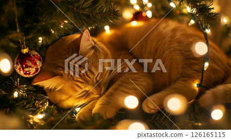 A cozy cat curled up beneath a Christmas tree adorned with lights and festive decorations 126165115