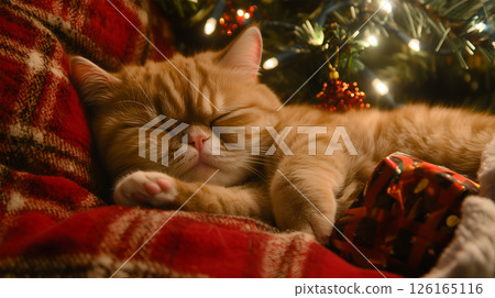 A cozy cat sleeping by a beautifully decorated Christmas tree in a warm indoor setting A cozy cat sleeping by a beautifully decorated Christmas tree in a warm indoor setting 126165116