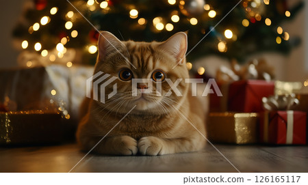 A cozy cat relaxing near a beautifully decorated Christmas tree with presents A cozy cat relaxing near a beautifully decorated Christmas tree with presents 126165117