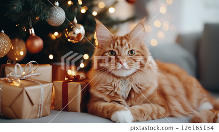 A Maine Coon cat relaxing by the Christmas tree with decorations and wrapped gifts 126165134
