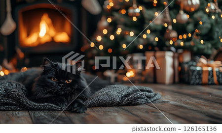 A Persian cat relaxing near a beautifully decorated Christmas tree in a cozy room 126165136