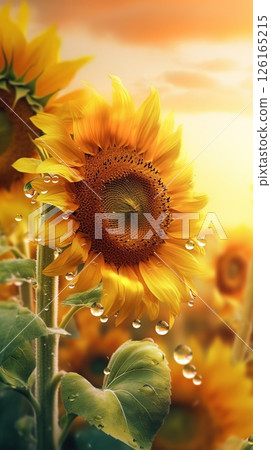 Blooming sunflowers with drops of water close-up background. Ai generated Blooming sunflowers with drops of water close-up background. Ai generated 126165215