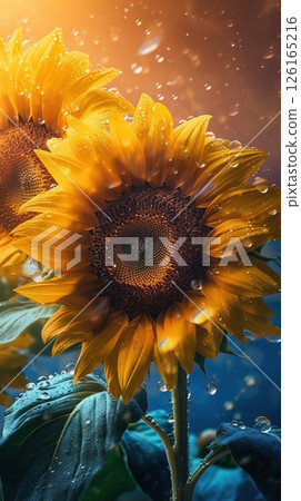 Blooming sunflowers with drops of water close-up background. Ai generated 126165216