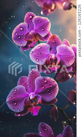 Blooming orchid flowers with drops of water close-up background. Ai generated 126165226