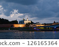 night view of the Novgorod Kremlin, pedestrian bridge over the Volkhov River 126165364