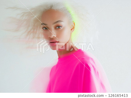 Dynamic fashion shoot with beautiful model with white hair wearing neon pink designer.AI Generative. 126165413