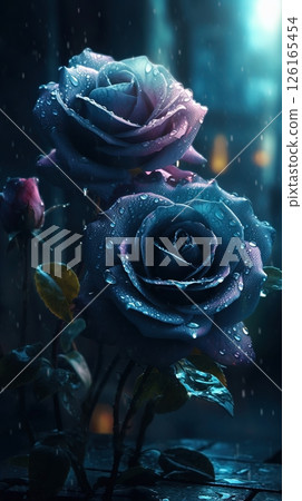 Blooming blue roses with drops of water close-up background. Ai generated 126165454