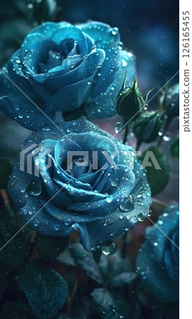 Blooming blue roses with drops of water close-up background. Ai generated 126165455