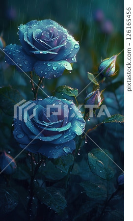 Close-up blue roses with water droplets background. Summer wallpaper. Ai generated 126165456