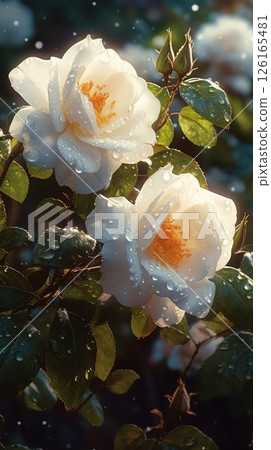 Blooming white roses with drops of water close-up background. Ai generated 126165481