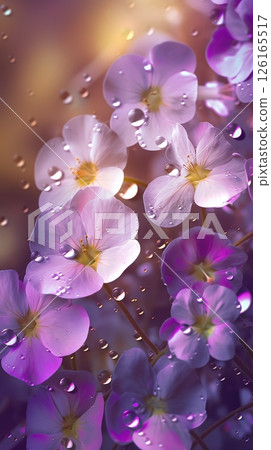Close-up violet flowers with water droplets background. Summer wallpaper. Ai generated 126165517
