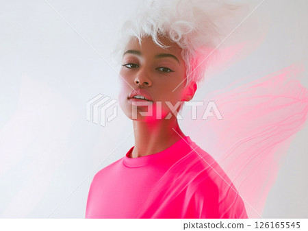 Dynamic fashion shoot with beautiful model with white hair wearing neon pink.AI Generative. 126165545