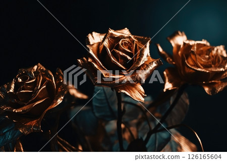 Golden roses dark moody romantic background. Close-up floral banner. Ai generated Golden roses dark moody romantic background. Close-up floral banner. Ai generated 126165604