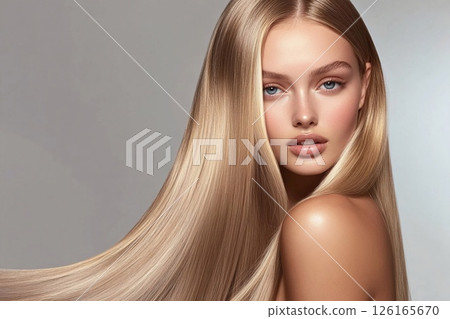 Fashion beauty shoot of young woman model with silky shiny blond hairstyle hair.Macro.AI Generative. 126165670
