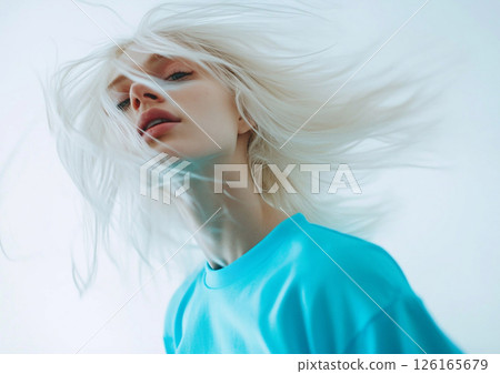 Motion blur dynamic fashion shoot with young model with white hair wearing neon blue.AI Generative. 126165679