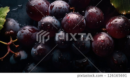 Close-up of black grapes with water drops on dark background. Fruit wallpaper 126165691