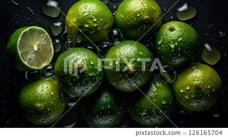 Close-up of limes with water drops on dark background. Fruit wallpaper 126165704