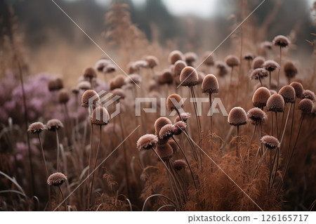 Dried flowers in the forest close-up. Autumn background 126165717