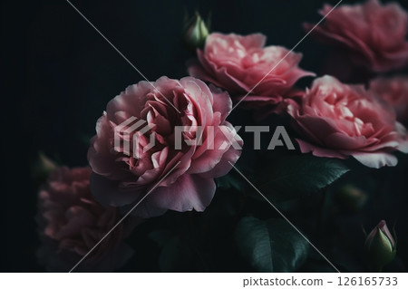 Pastel pink roses close-up dark romantic background. Ai generated 126165733