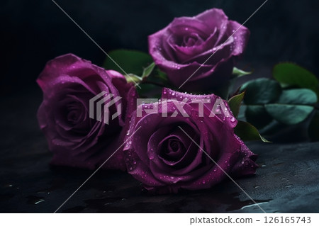 Purple roses close-up dark romantic background. Flowers wallpaper. Ai generated 126165743