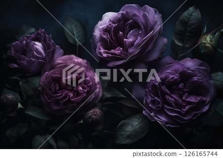 Purple roses close-up dark romantic background. Flowers wallpaper. Ai generated 126165744