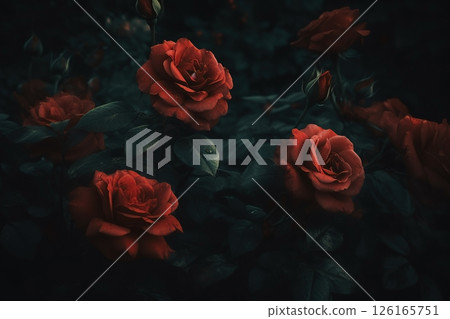 Red roses close-up dark romantic background. Flowers wallpaper. Ai generated Red roses close-up dark romantic background. Flowers wallpaper. Ai generated 126165751