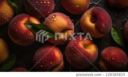 Close-up of peaches with water drops on dark background. Fruit wallpaper 126165833