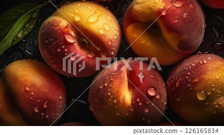 Close-up of peaches with water drops on dark background. Fruit wallpaper 126165834