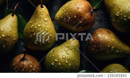 Close-up of pears with water drops on dark background. Fruit wallpaper 126165841