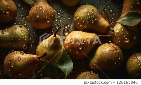 Close-up of pears with water drops on dark background. Fruit wallpaper 126165846