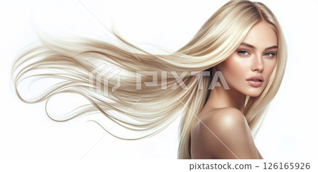 Young beautiful woman model with blond blonde long shiny silky hair on white.AI Generative. 126165926
