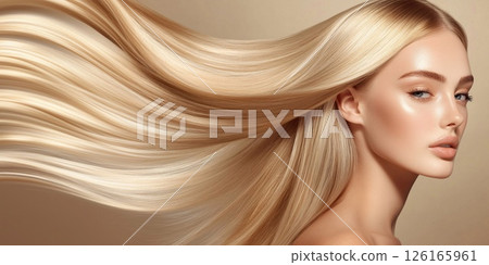 Fashion beauty shoot of young woman model with silky shiny blond blonde hairstyle.AI Generative. 126165961